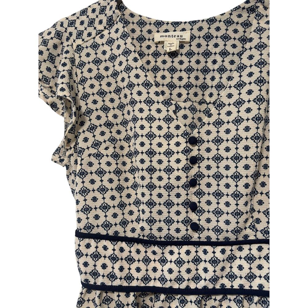 Monteau Los Angeles Dress Large Blue White Printed Ruffle Sleeve Fit & Flare - Picture 5 of 10